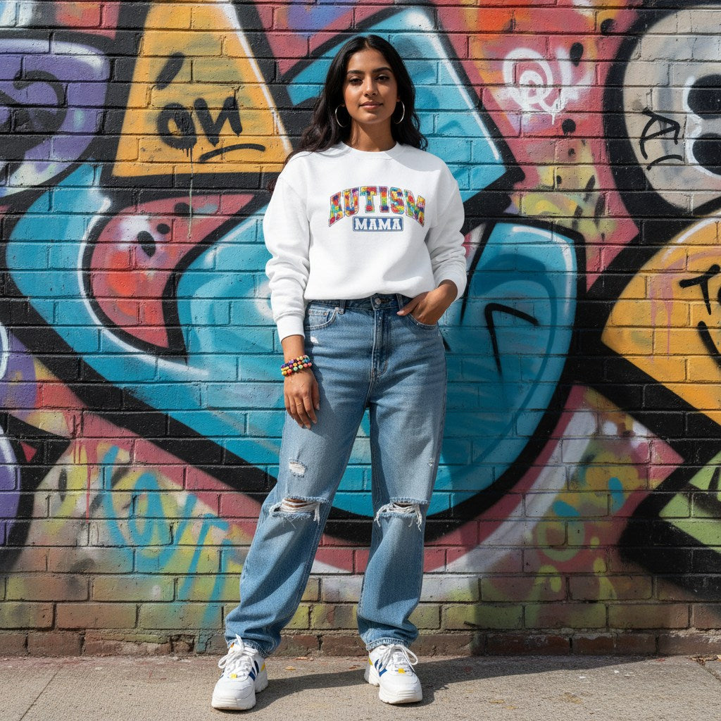 South Asian woman wearing a white autism mama collegiate sweatshirt.