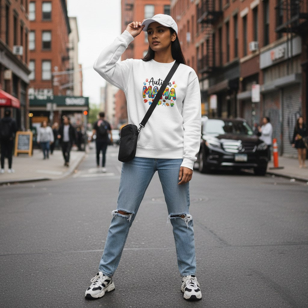 South Asian woman wearing a white autism mama sweatshirt.