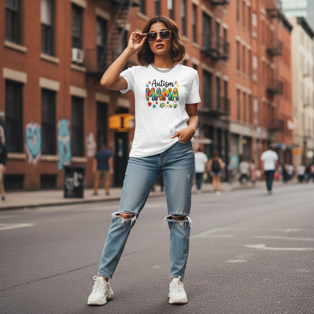 South Asian woman wearing a white autism mama t-shirt.