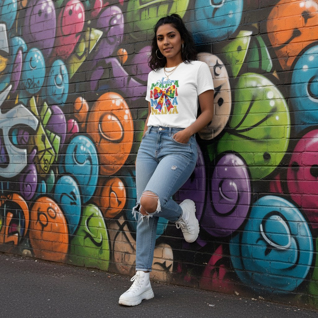 South Asian woman wearing a white Autism Mama t-shirt in a streetwear style.