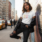South Asian woman wearing a white autism periodic table T-shirt.