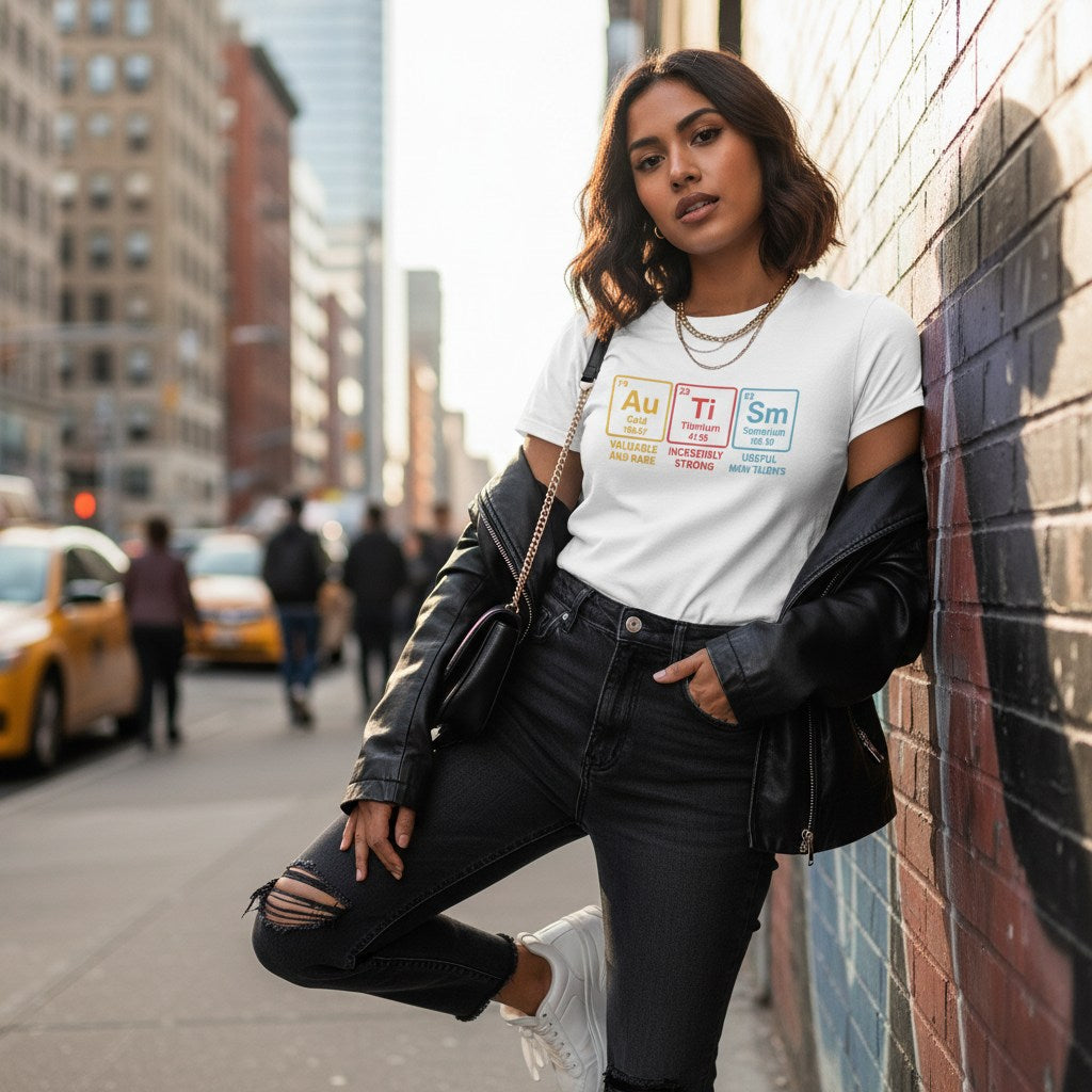South Asian woman wearing a white autism periodic table T-shirt.