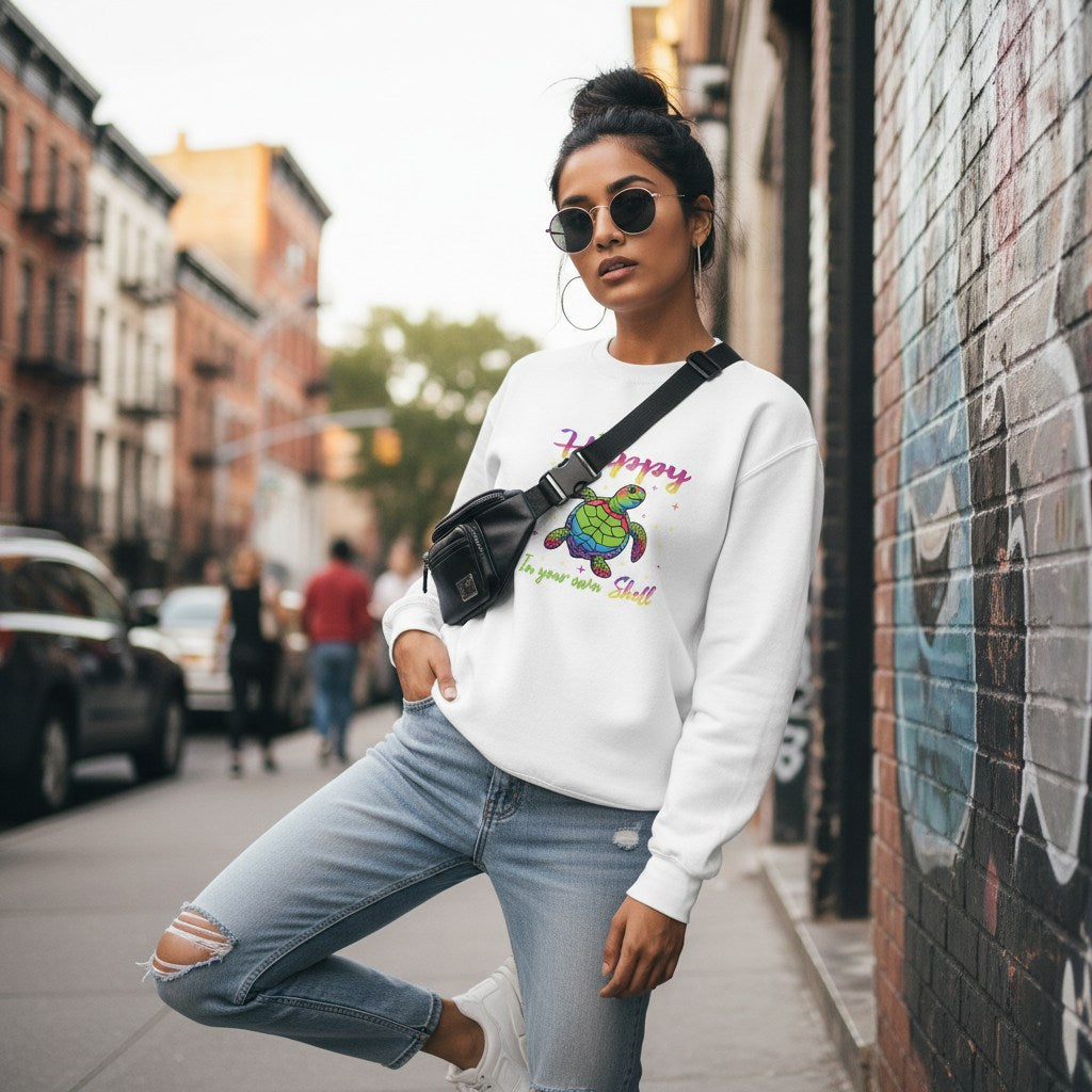 South Asian woman wearing a white be happy in your own shell rainbow turtle sweatshirt.
