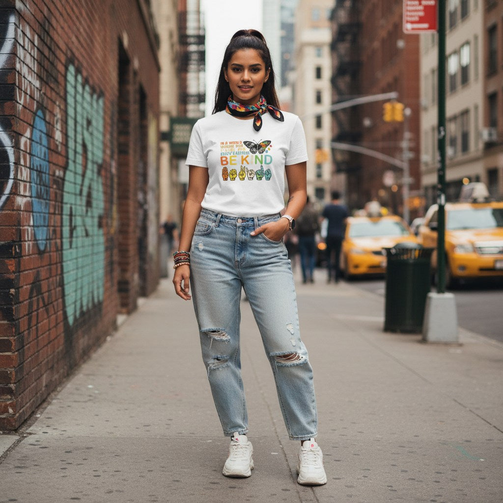 South Asian woman wearing a white Be Kind butterfly ASL sign language t-shirt.