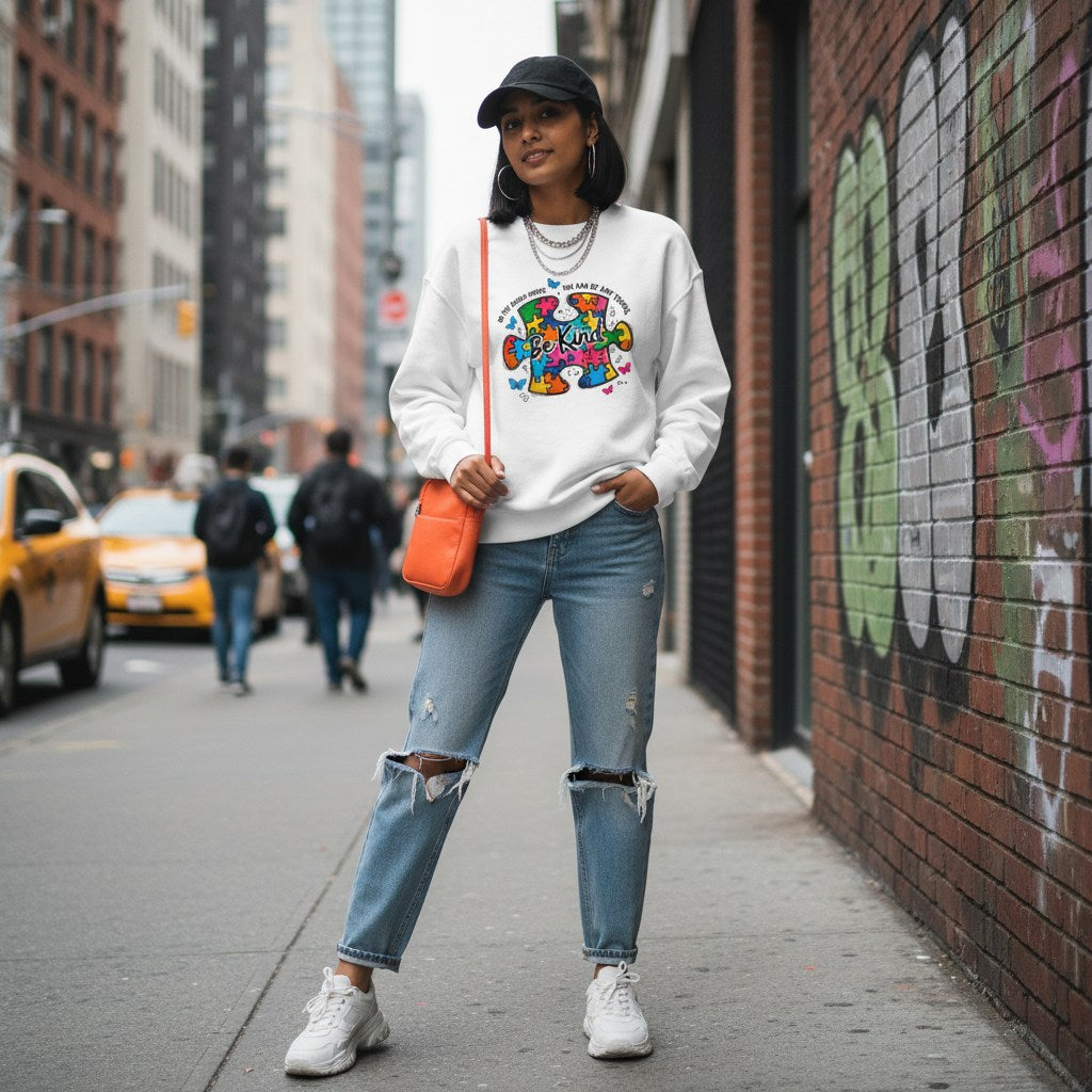 South Asian woman wearing a white Be Kind autism awareness puzzle piece sweatshirt.