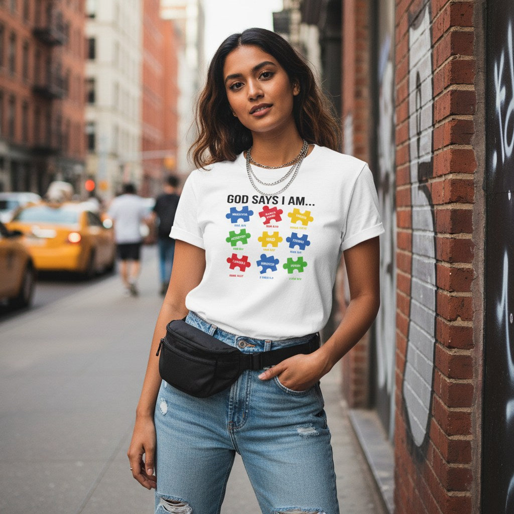 South Asian woman wearing a white God Says I Am autism awareness T-shirt.