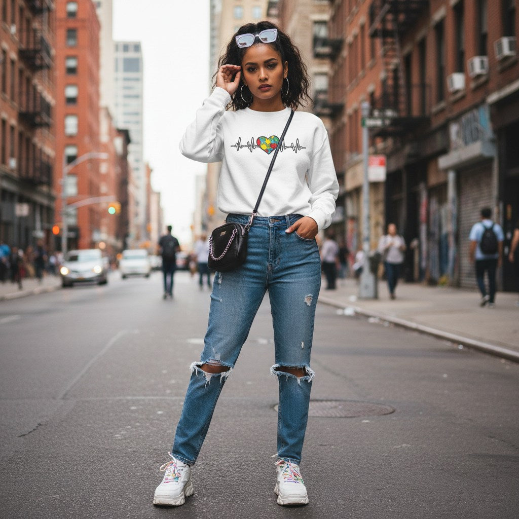 South Asian woman wearing a white heartbeat puzzle sweatshirt.