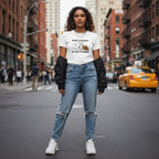 South Asian woman wearing a white His Fight Is My Fight autism solidarity t-shirt.