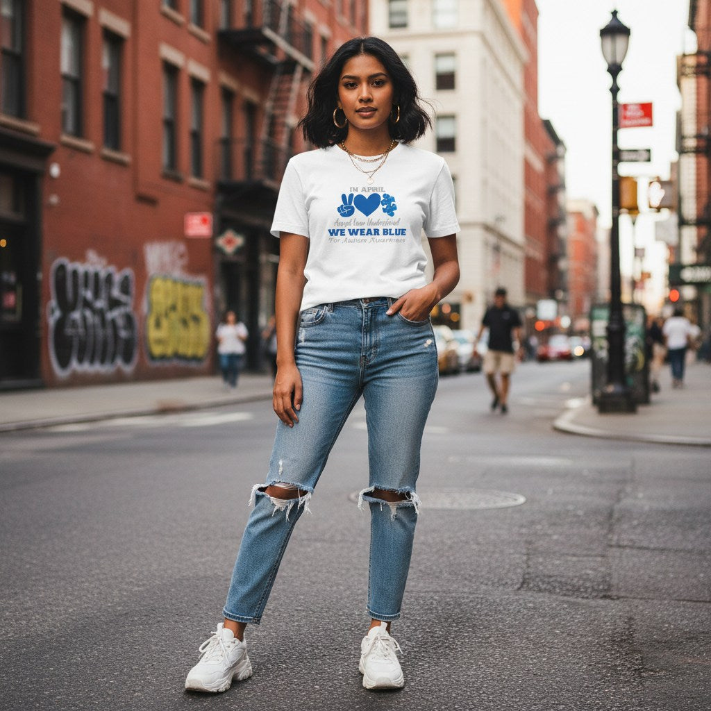 South Asian woman wearing a white In April We Wear Blue autism awareness t-shirt.