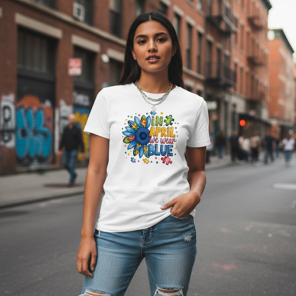 South Asian woman wearing a white autism awareness t-shirt in a streetwear style.