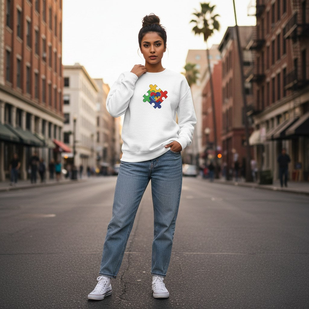 South Asian woman wearing a white puzzle heart logo autism awareness sweatshirt.
