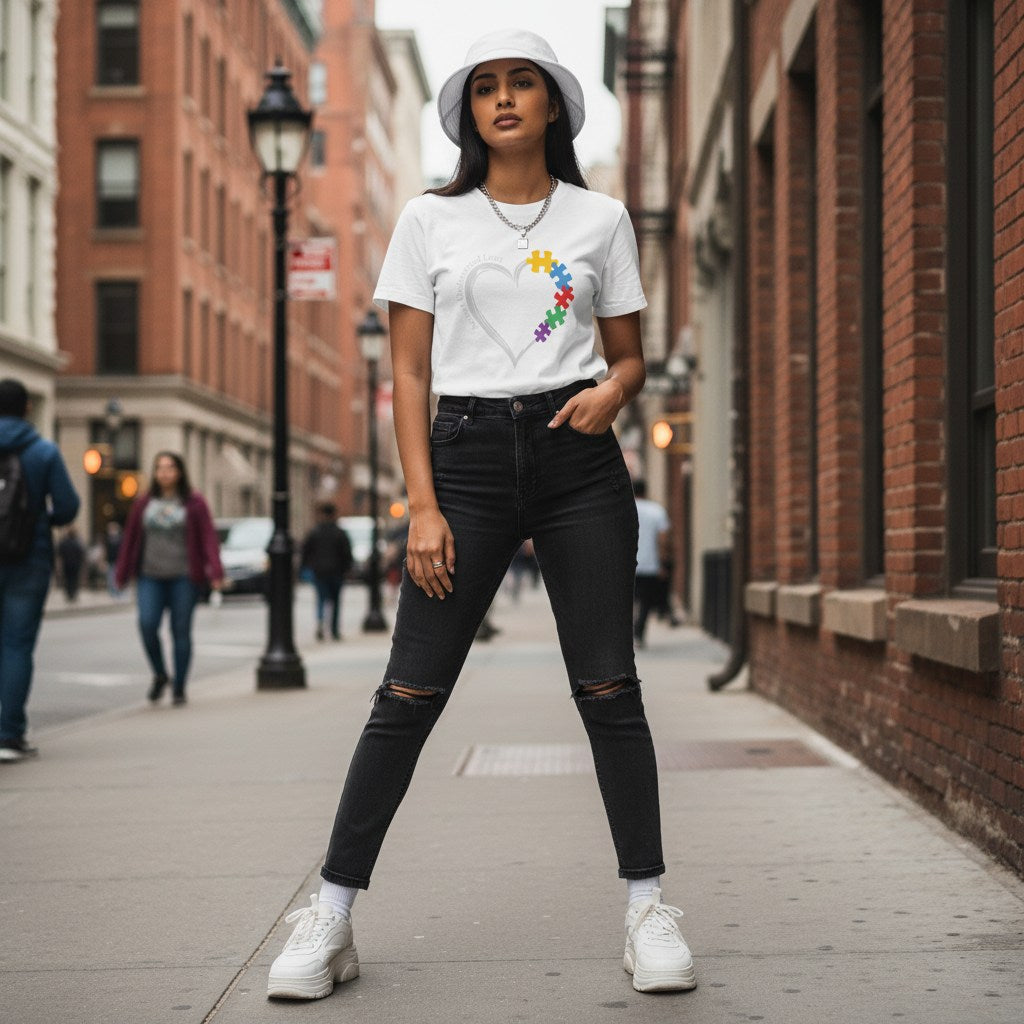 South Asian woman wearing a white autism awareness puzzle heart t-shirt.
