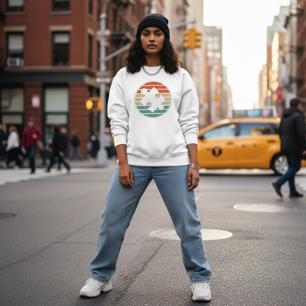 South Asian woman wearing a white retro sunset puzzle sweatshirt.