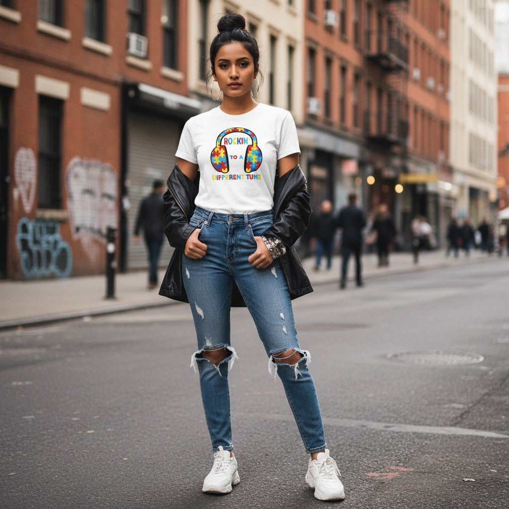 South Asian woman wearing a white rockin to a different tune autism awareness T-shirt.