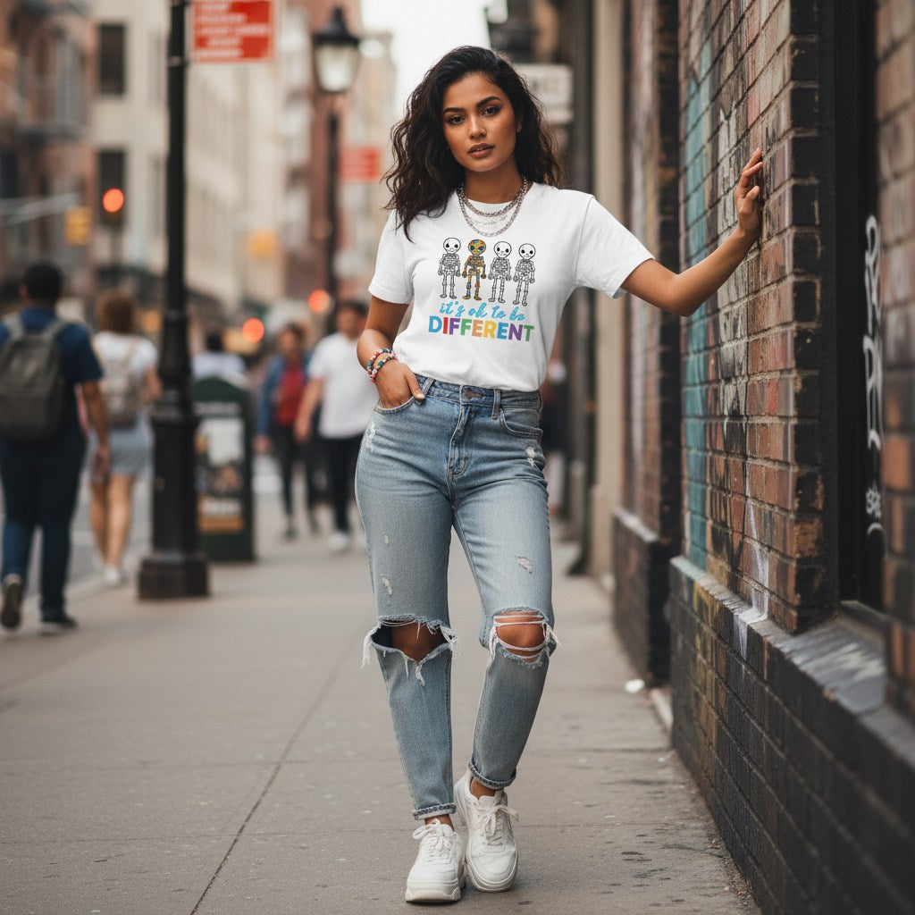 South Asian woman wearing a white autism awareness T-shirt with a skeleton and puzzle design.