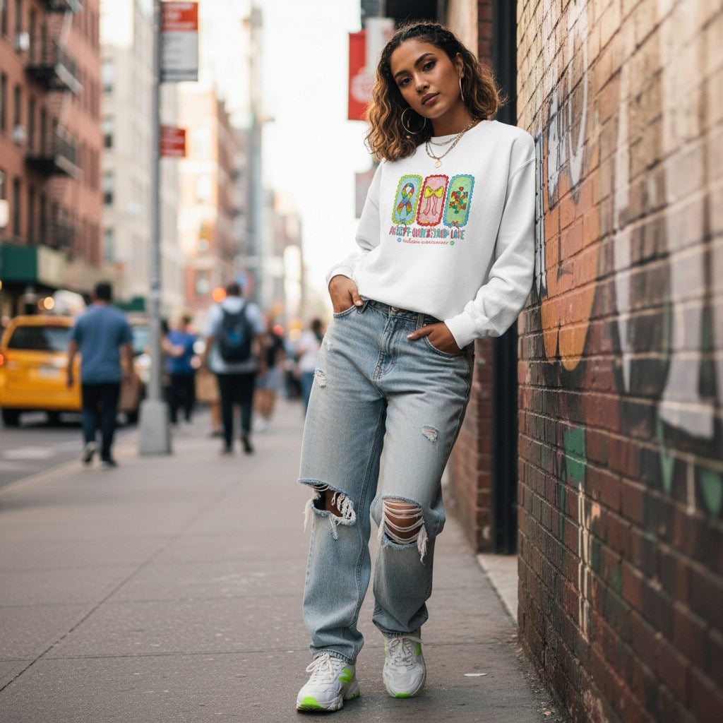 South Asian woman wearing a white autism awareness sweatshirt in a streetwear style.