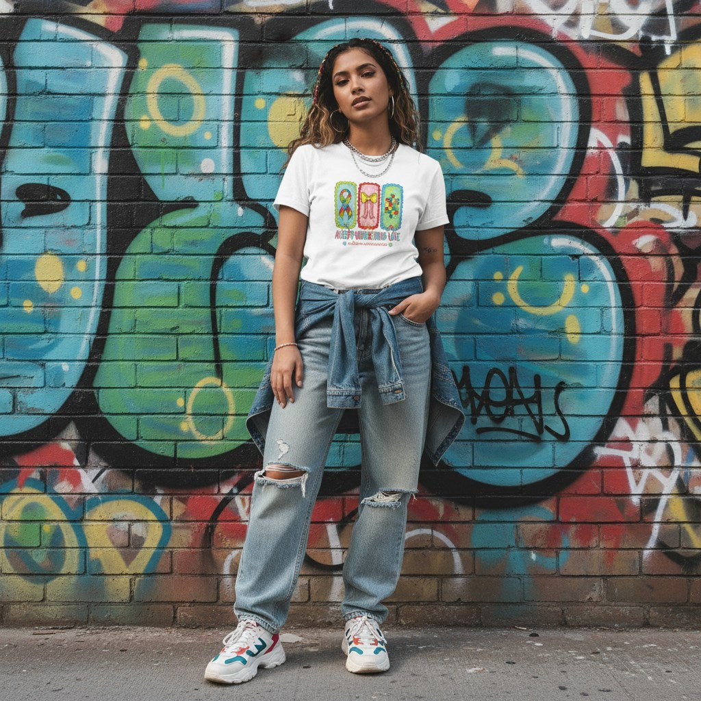 South Asian woman wearing a white autism awareness t-shirt in a streetwear style.