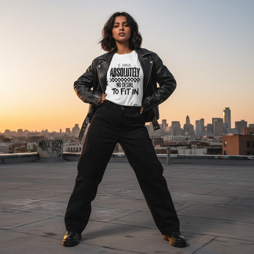 South Asian woman wearing a white t-shirt in a lifestyle streetwear setting