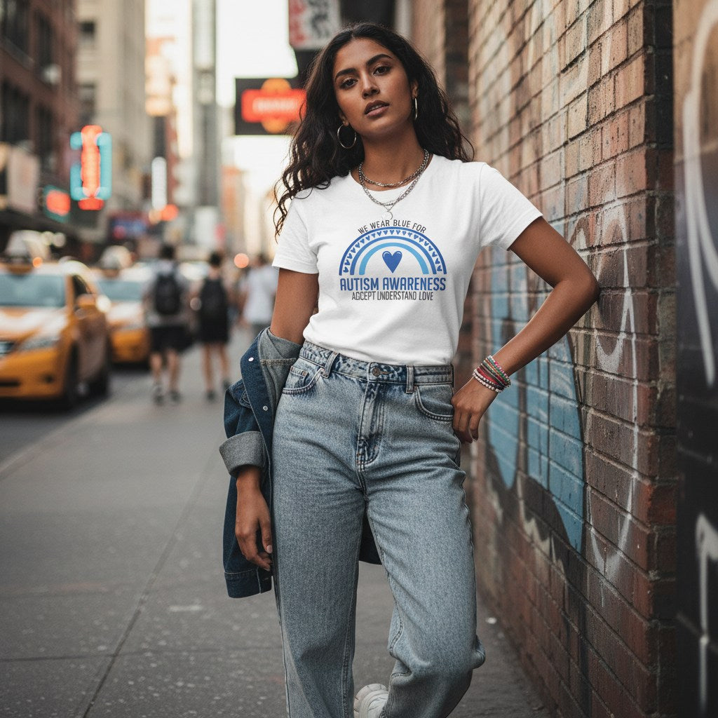 South Asian woman wearing a white autism awareness T-shirt.