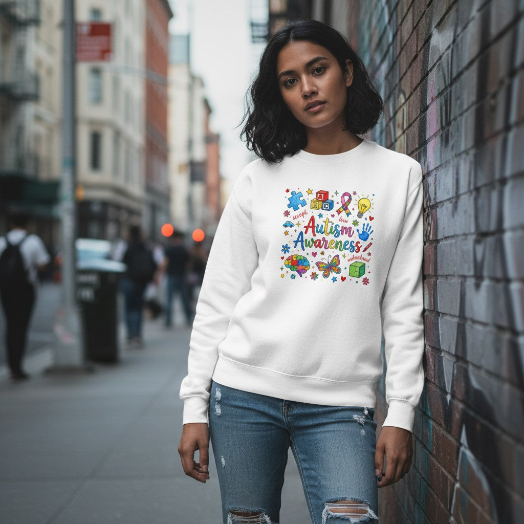 South Asian woman wearing a white autism awareness sweatshirt.