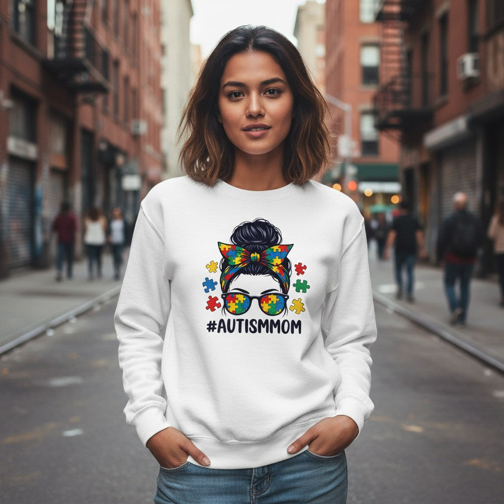South Asian woman wearing a white Autism Mom sweatshirt.