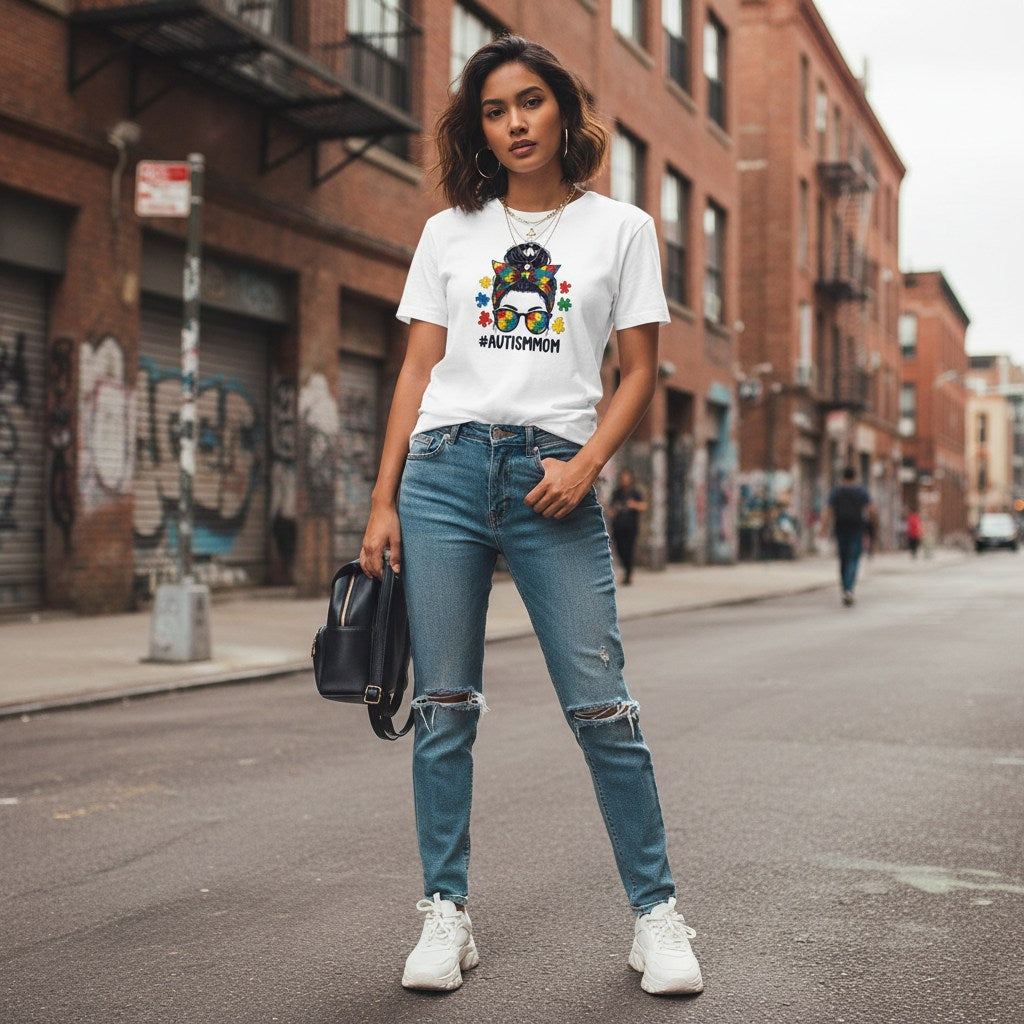 South Asian woman wearing a white Autism Mom T-shirt.