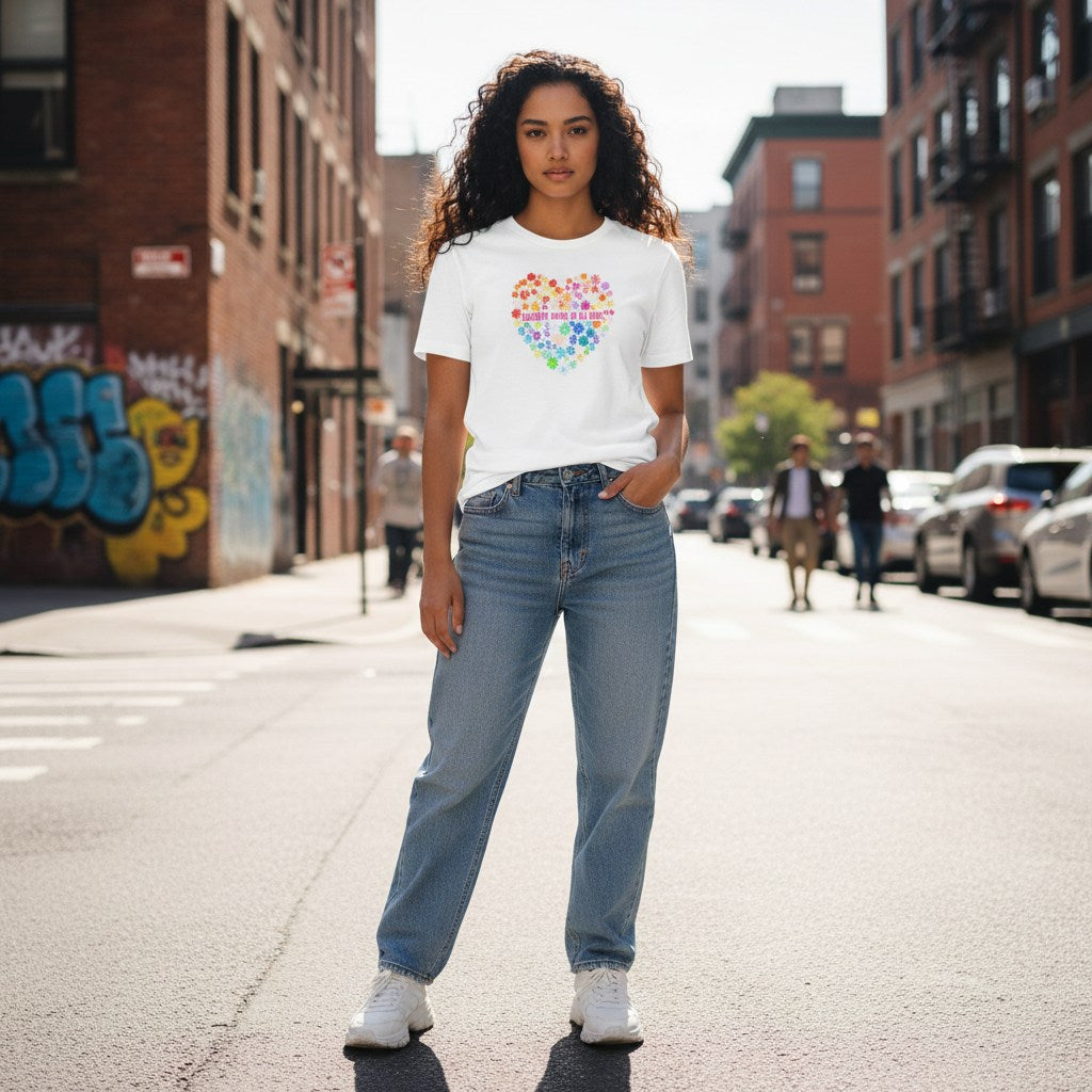 South Asian woman wearing a white celebrate minds t-shirt.