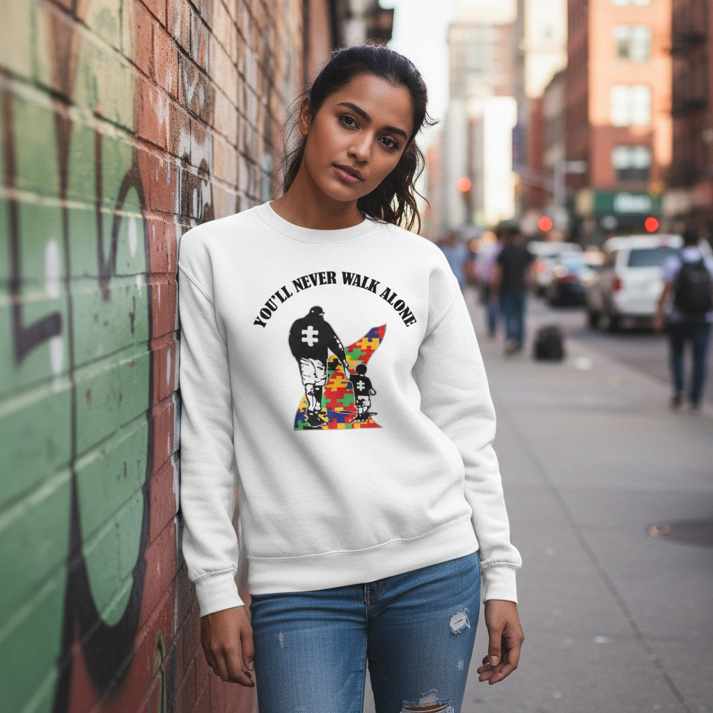 South Asian woman wearing a white You'll Never Walk Alone autism awareness sweatshirt.