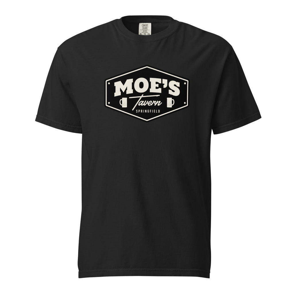 Black T-shirt featuring a vintage Springfield tavern sign reading “MOE’S Tavern,” flanked by two beer mugs.