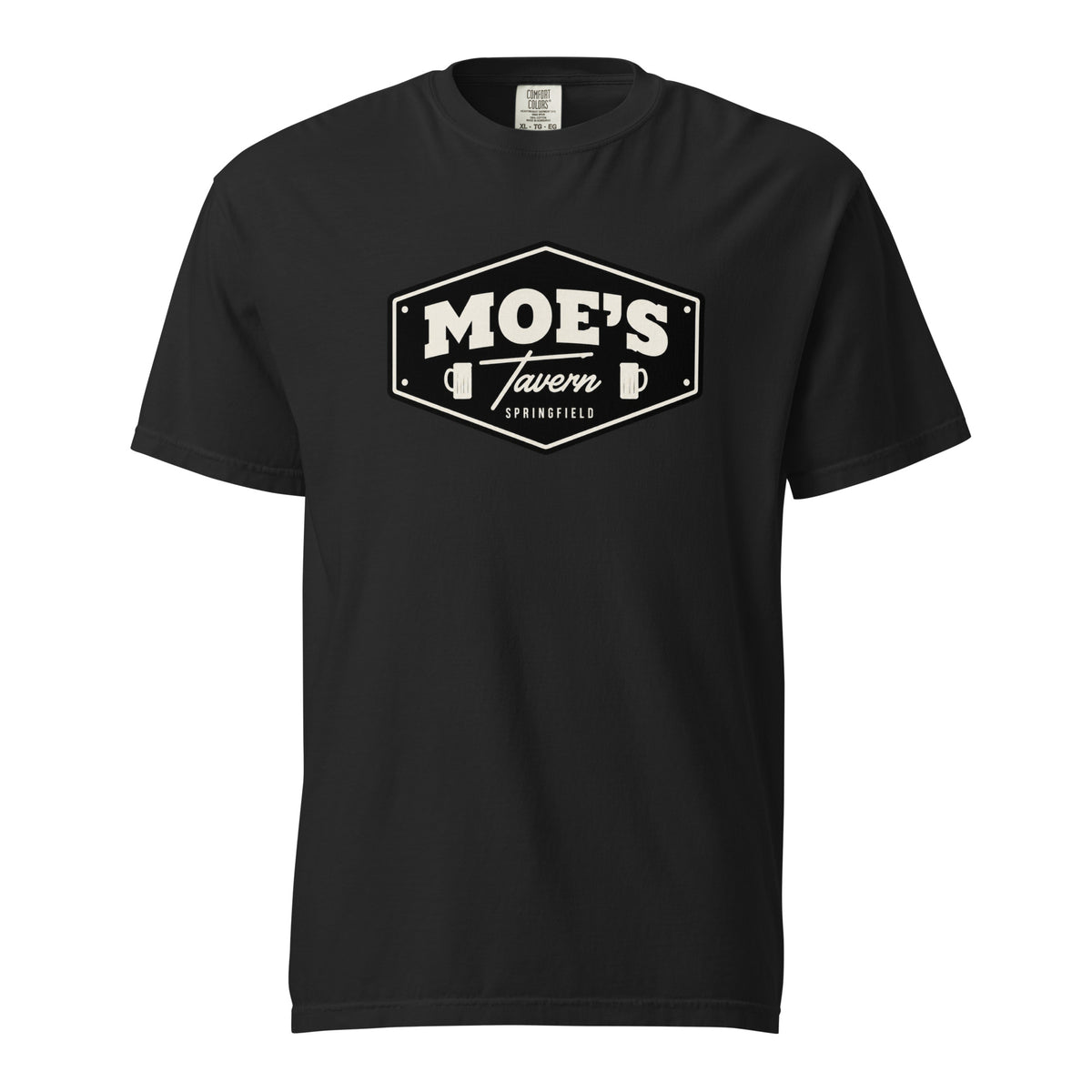 Black T-shirt featuring a vintage Springfield tavern sign reading “MOE’S Tavern,” flanked by two beer mugs.
