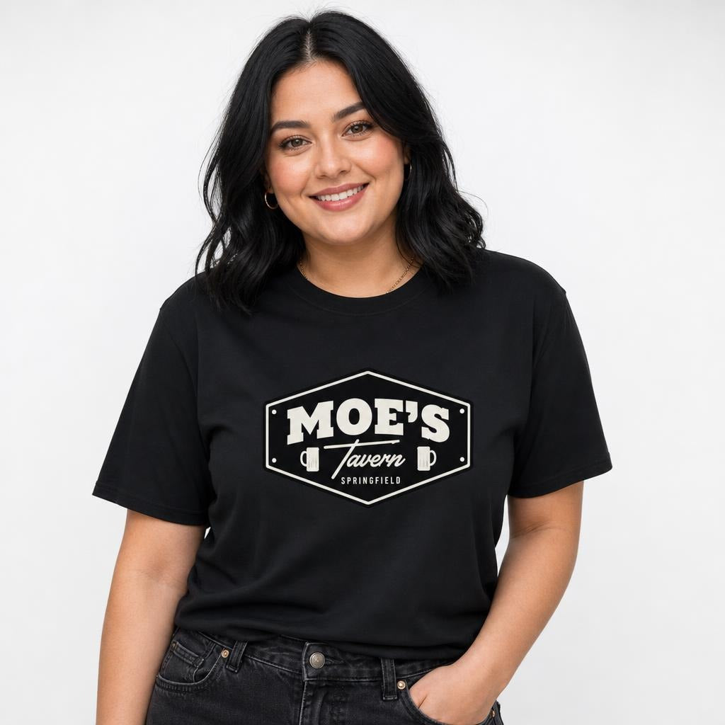 Front view of a Black T-shirt featuring a vintage Springfield tavern sign with beer mugs and bold geometric border.