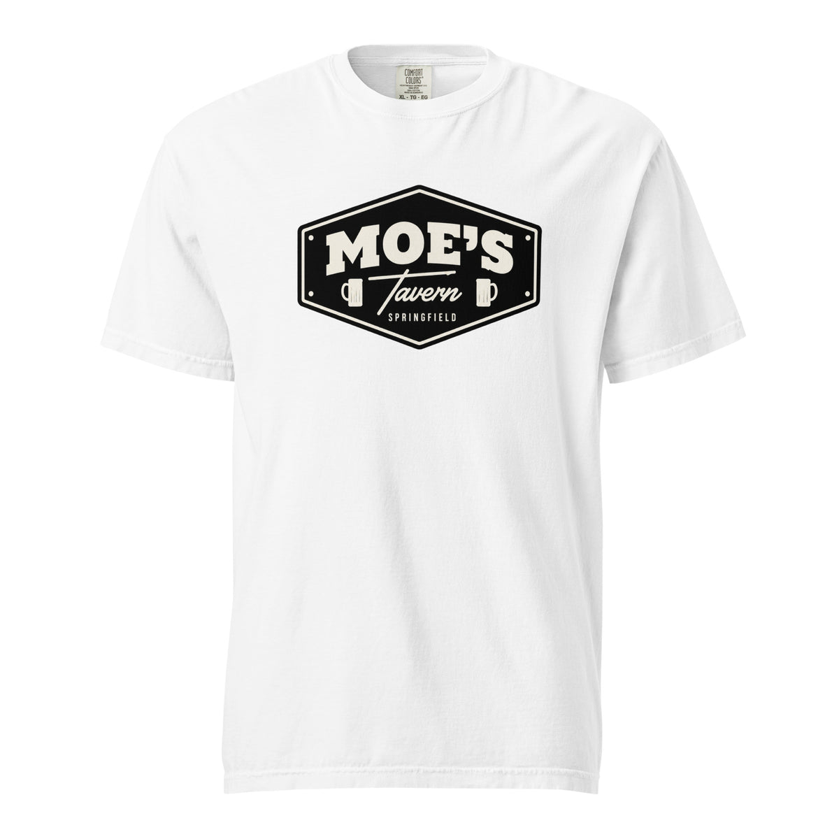 Front view of a white T-shirt featuring a vintage black-and-cream tavern sign reading “MOE’S Tavern,” with Springfield text and beer mugs.