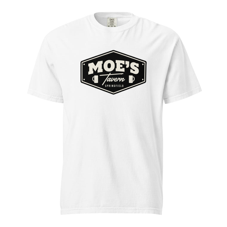 Front view of a white T-shirt featuring a vintage black-and-cream tavern sign reading “MOE’S Tavern,” with Springfield text and beer mugs.