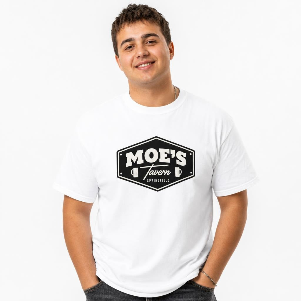 Front view of a person wearing a white T-shirt with a vintage Moe’s Tavern sign, Springfield text, and beer mugs.