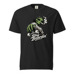Black T-Shirt featuring a green alien in a backwards cap riding a skateboard and smoking above “Stay Boardin’” lettering.