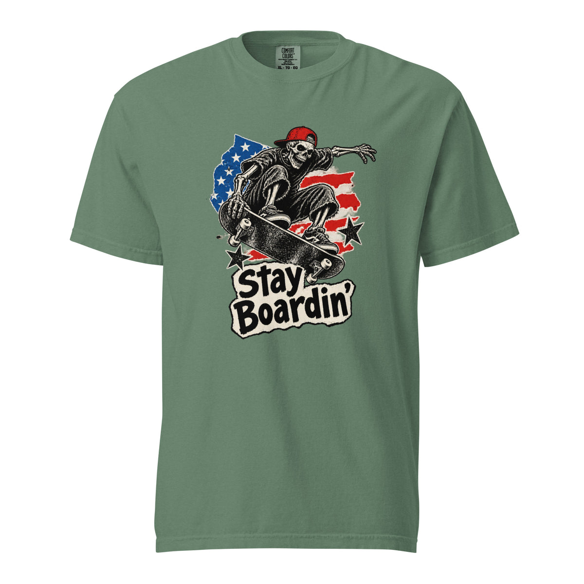 Front view of a Light Green T-shirt featuring a skeleton riding a skateboard above the words “Stay Boardin'.”