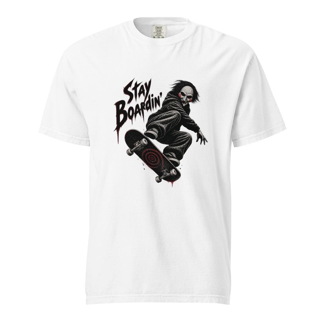 White T-shirt with “STAY BOARDIN’” lettering and a crouching masked skateboarder riding a skateboard with a red target graphic.