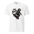 White T-shirt with “STAY BOARDIN’” lettering and a crouching masked skateboarder riding a skateboard with a red target graphic.