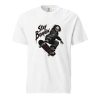 White T-shirt with “STAY BOARDIN’” lettering and a crouching masked skateboarder riding a skateboard with a red target graphic.