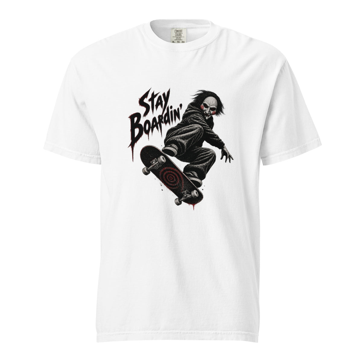 White T-shirt with “STAY BOARDIN’” lettering and a crouching masked skateboarder riding a skateboard with a red target graphic.