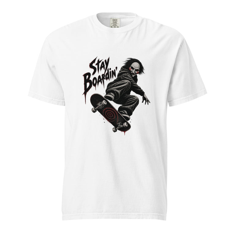 White T-shirt with “STAY BOARDIN’” lettering and a crouching masked skateboarder riding a skateboard with a red target graphic.