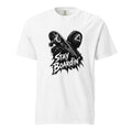 White T-shirt with a central black-and-white graphic of a skateboard crossing a helmet and bold “STAY BOARDIN” text.