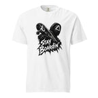 White T-shirt with a central black-and-white graphic of a skateboard crossing a helmet and bold “STAY BOARDIN” text.