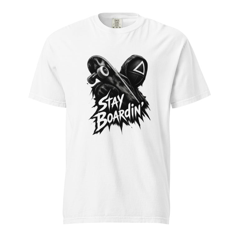 White T-shirt with a central black-and-white graphic of a skateboard crossing a helmet and bold “STAY BOARDIN” text.