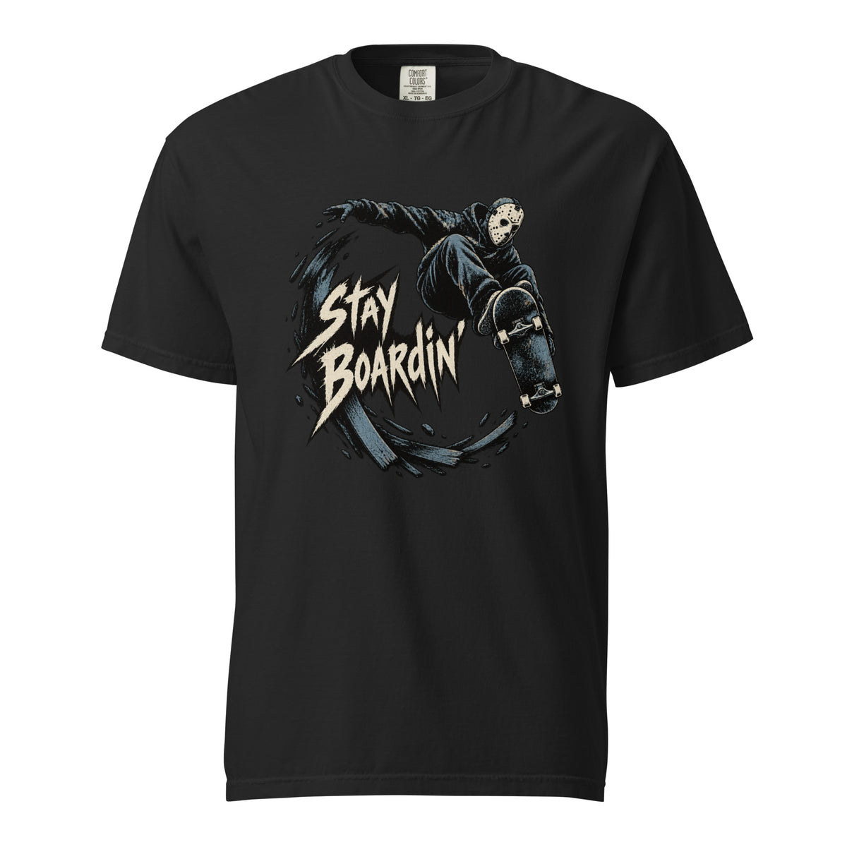 Front view of a black T-shirt featuring a masked airborne skateboarder, skateboard, and jagged cream “STAY BOARDIN” lettering.