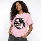 Front view of a Blossom T-shirt featuring a masked skateboarder airborne above a skateboard with bold STAY BOARDIN lettering.