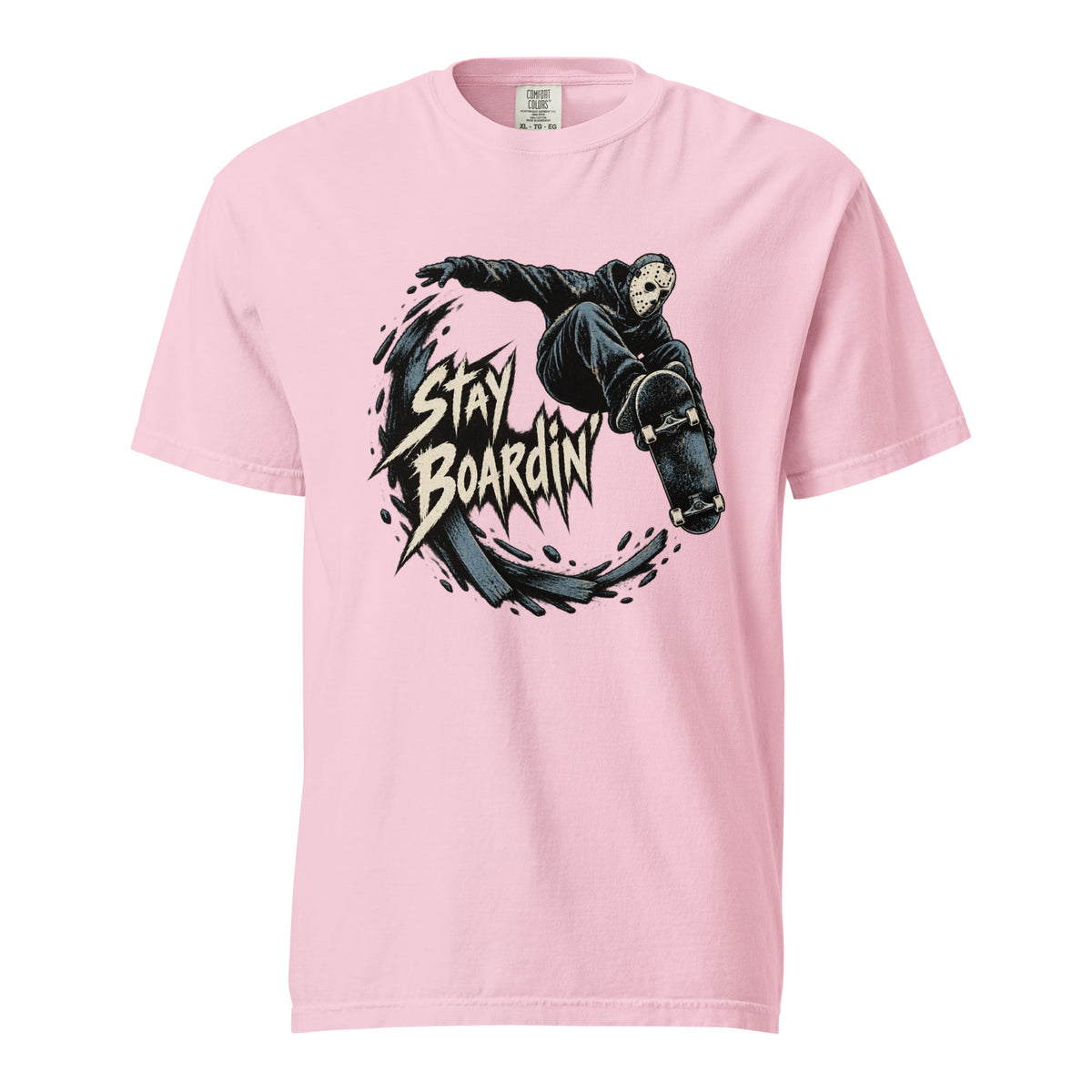 Front view of a Blossom T-shirt with a masked skateboarder airborne above a skateboard and jagged “STAY BOARDIN” lettering.