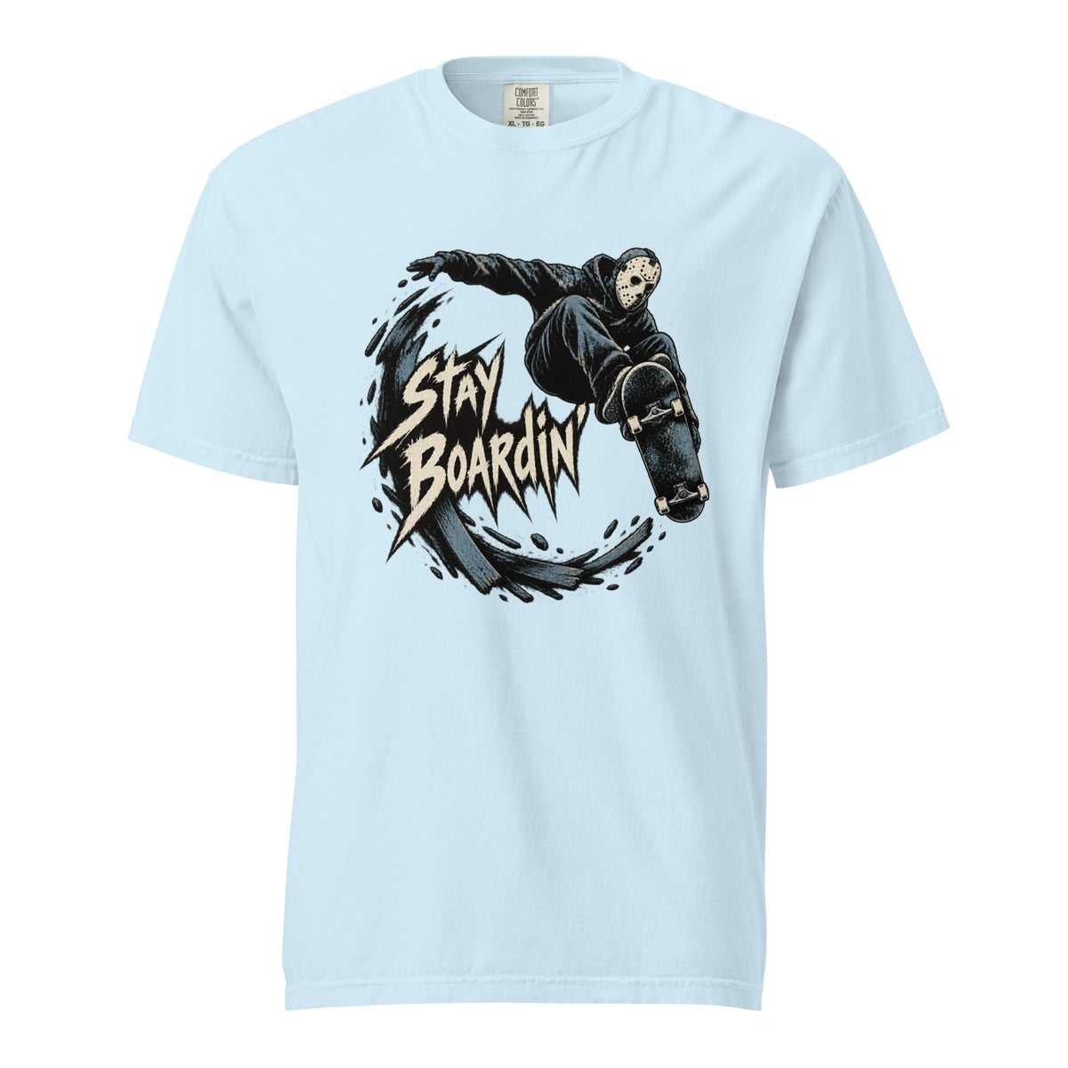 Front view of a Chambray T-shirt featuring a masked skateboarder airborne above a skateboard with jagged “STAY BOARDIN” lettering.