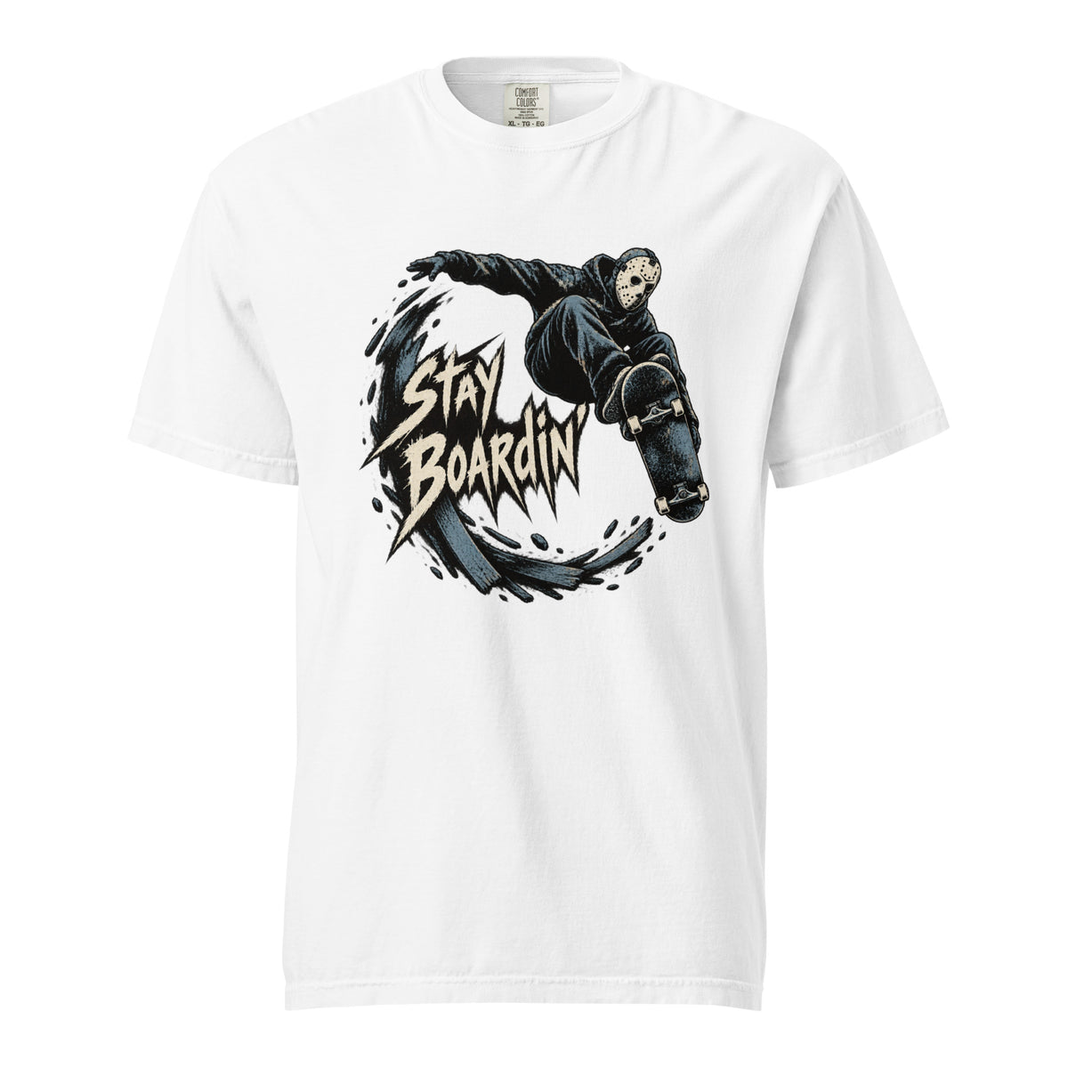Front view of a White T-Shirt with STAY BOARDIN lettering, an airborne skateboarder wearing a hockey mask, and a skateboard.