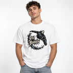 Model wearing a White T-Shirt with a graphic of a hockey mask skateboarder airborne above a skateboard and Stay Boardin lettering.